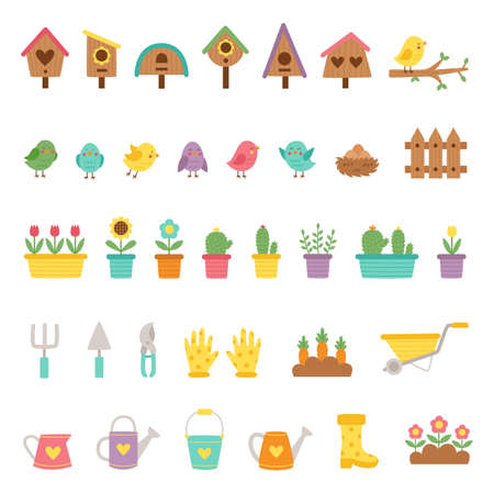 Cute vector set of spring elements in cartoon style on white background.のイラスト素材