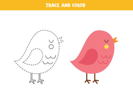 Trace and color cute cartoon bird. Worksheet for kids.のイラスト素材