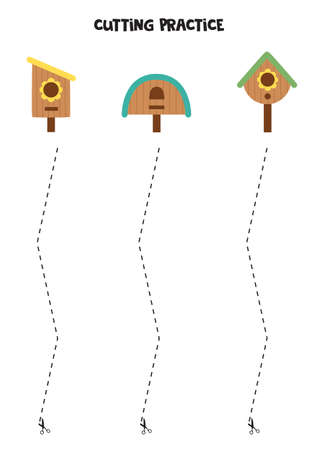 Cutting practice for preschool kids. Cut by dashed line. Cartoon birdhouses.のイラスト素材