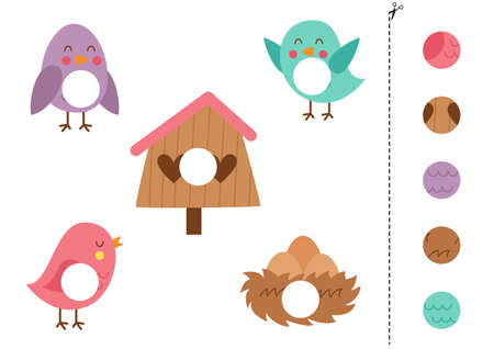 Cut and glue game for kids with cute bird and nest. Cutting practice for preschoolers.のイラスト素材