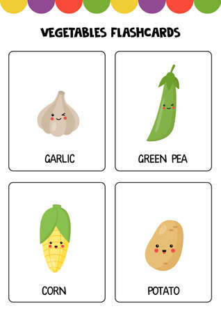 Flashcards for kids with cute cartoon vegetables. Educational cards.のイラスト素材