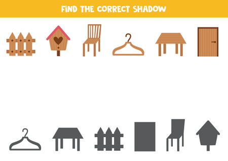 Find shadows of wooden objects. What it is made of worksheet. Educational logical game for kids.のイラスト素材