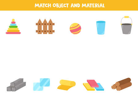 Match object and material. What it is made of worksheet. Educational logical game for kids.のイラスト素材