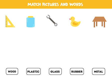 Match pictures and words. What it is made of worksheet. Educational logical game for kids.のイラスト素材