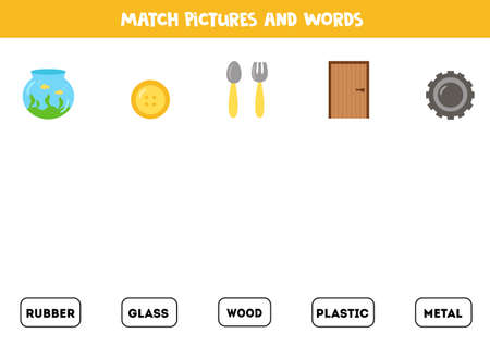 Match pictures and words. What it is made of worksheet. Educational logical game for kids.のイラスト素材