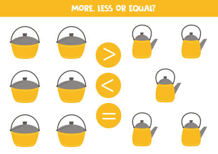 More, less, equal with cauldrons and kettles. Math game.のイラスト素材