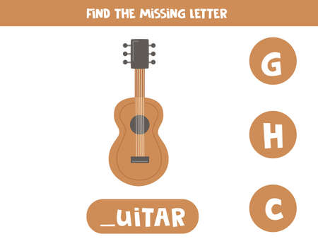 Find missing letter. Wooden guitar. Educational spelling game for kids.のイラスト素材