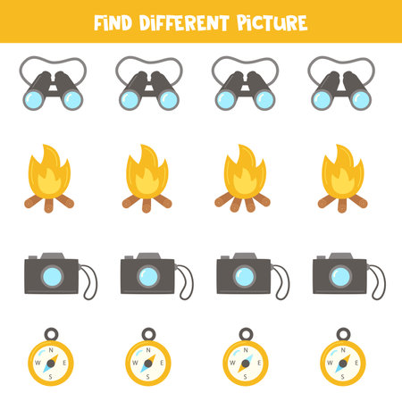 Find different camping object in each row. Logical game for kids.のイラスト素材