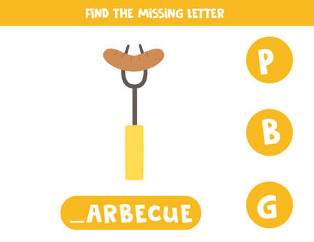 Find missing letter. Sausage barbecue. Educational spelling game for kids.のイラスト素材