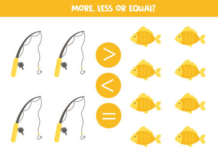 More, less, equal with fishing rods and fish. Math game.のイラスト素材