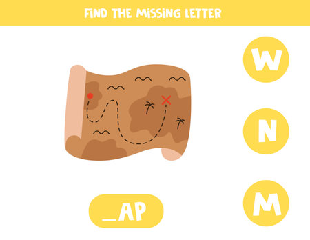 Find missing letter. Old map. Educational spelling game for kids.のイラスト素材