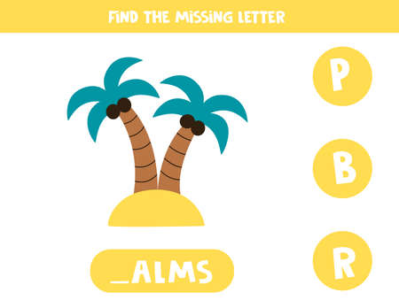 Find missing letter. Cartoon palms on island. Educational spelling game for kids.のイラスト素材