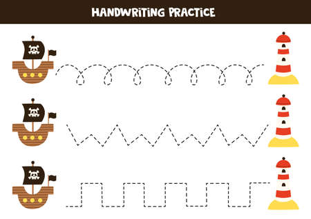 Tracing lines for kids with pirate ship and lighthouse. Handwriting practice.のイラスト素材