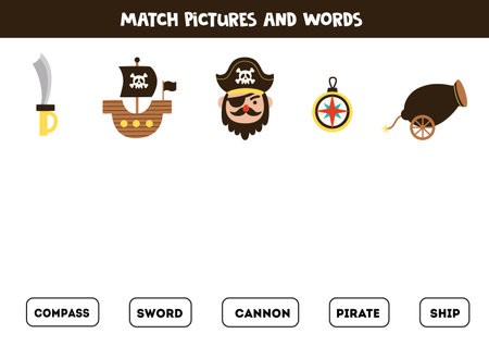 Match pirate elements and words. What it is made of worksheet. Educational logical game for kids.のイラスト素材