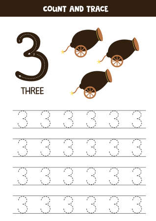 Tracing numbers worksheet. Writing number three. Hand drawn cannons.のイラスト素材