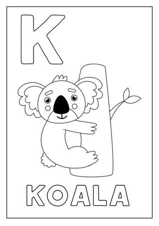 Black and white alphabet flashcard for children. Learning letter K. Coloring book.のイラスト素材