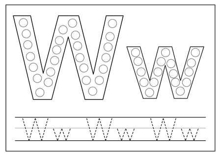 Dot a dot alphabet letters for kids. Learning letter W. Black and white worksheet.