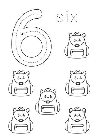 Black and white flashcard with number six. Worksheet with cute school backpacks.のイラスト素材