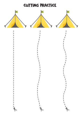Cutting practice for preschool kids. Cut by dashed line. Hand drawn camping tent.のイラスト素材