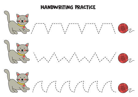 Tracing lines for kids with cute gray kitten. Handwriting practice.のイラスト素材
