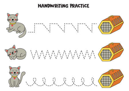 Tracing lines for kids with cute gray cat and cat carrier. Handwriting practice.のイラスト素材