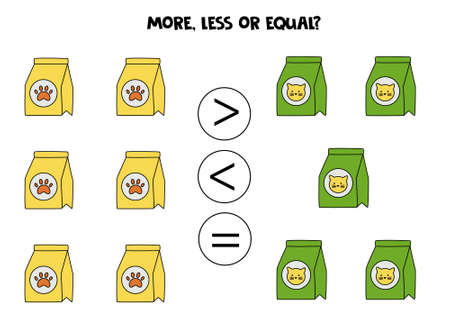 More, less, equal with cartoon nutrition for pets. Math game.のイラスト素材