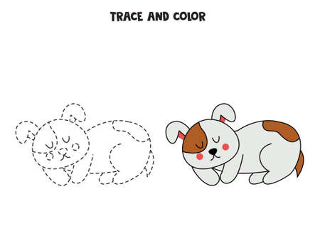 Trace and color hand drawn sleeping dog. Worksheet for kids.のイラスト素材