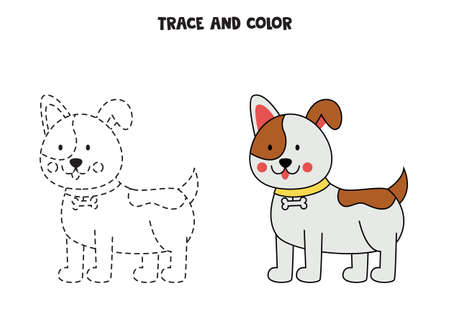 Trace and color cute brown dog. Worksheet for kids.のイラスト素材