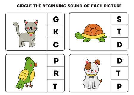 Circle the beginning sound of cute pats. Educational game for kids.のイラスト素材