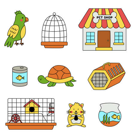 Set of cute pets and pet elements in cartoon style on white background.のイラスト素材