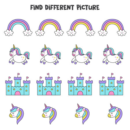 Find different unicorn element in each row. Logical game for kids.のイラスト素材