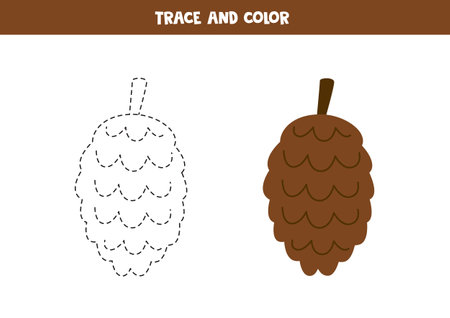 Trace and color hand drawn pine cone. Worksheet for kids.のイラスト素材