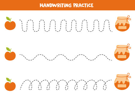 Tracing lines for kids with hand drawn apples and jams. Handwriting practice.のイラスト素材