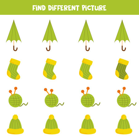 Find autumn element which is different from others. Worksheet for kids.のイラスト素材