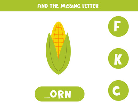 Find missing letter. hand drawn corn. Educational spelling game for kids.のイラスト素材