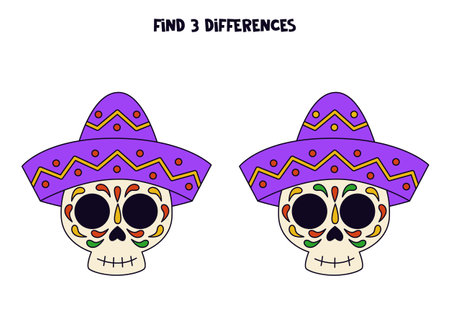 Find three differences between two pictures of skulls in Mexican hats.のイラスト素材