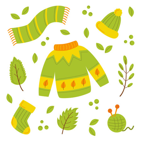 Autumn essentials set. Green warm clothes. vector illustration.のイラスト素材