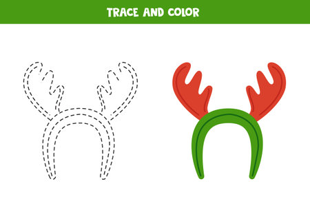 Trace and color cartoon reindeer hairband. Worksheet for kids.のイラスト素材