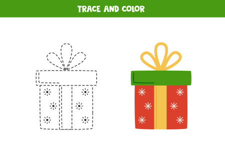 Trace and color cartoon Christmas present. Worksheet for kids.のイラスト素材