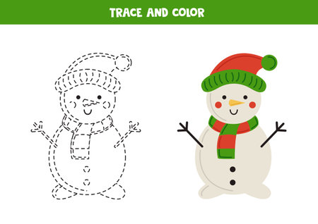 Trace and color cartoon Christmas snowman. Worksheet for kids.のイラスト素材