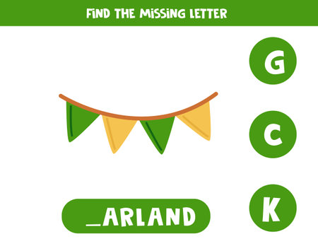 Find missing letter. Colorful garlands. Educational spelling game for kids.のイラスト素材