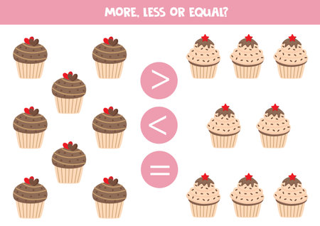 More, less, equal with cute lovely cupcakes. math game.のイラスト素材