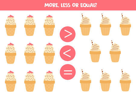 More, less, equal with cute ice creams. math game.のイラスト素材