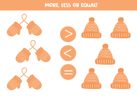 More, less, equal with orange mittens and hats. math game.のイラスト素材