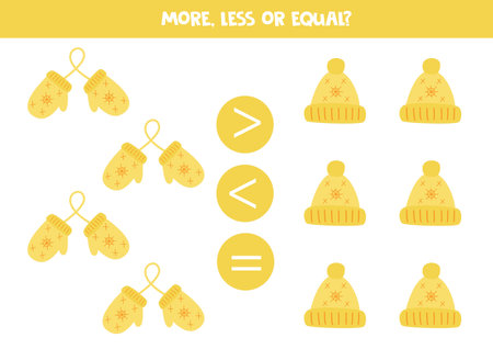 More, less, equal with yellow mittens and hats. math game.のイラスト素材