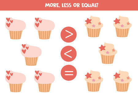 More, less, equal with cute lovely cupcakes. math game.のイラスト素材