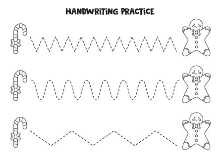 Tracing lines for kids with cute candy cane and gingerbread man. handwriting practice.のイラスト素材