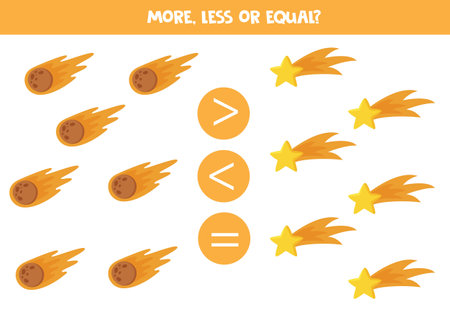 More, less, equal with cosmic stars and comets. math game.のイラスト素材