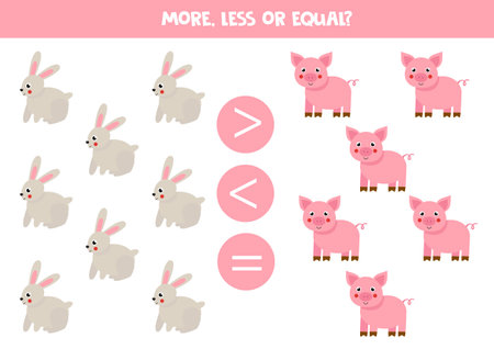 More, less, equal with cute pigs and rabbits. math game.のイラスト素材