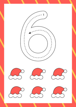 Christmas flashcard how to write number six. Worksheet for kids.のイラスト素材